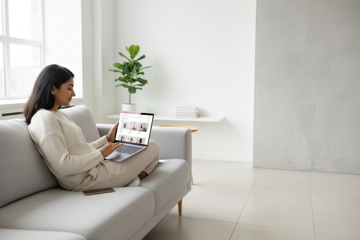 Create a high-resolution, wide horizontal composition of a modern e-commerce hero banner image. The scene should depict a young professional casually browsing an online shopping app on a smartphone or laptop. Set the scene in a bright, modern indoor space characterized by a neutral color palette, focusing on white, beige, and soft gray tones. Incorporate natural daylight to enhance a premium and trustworthy mood. Ensure the background is minimal with ample empty space on one side to accommodate a website he