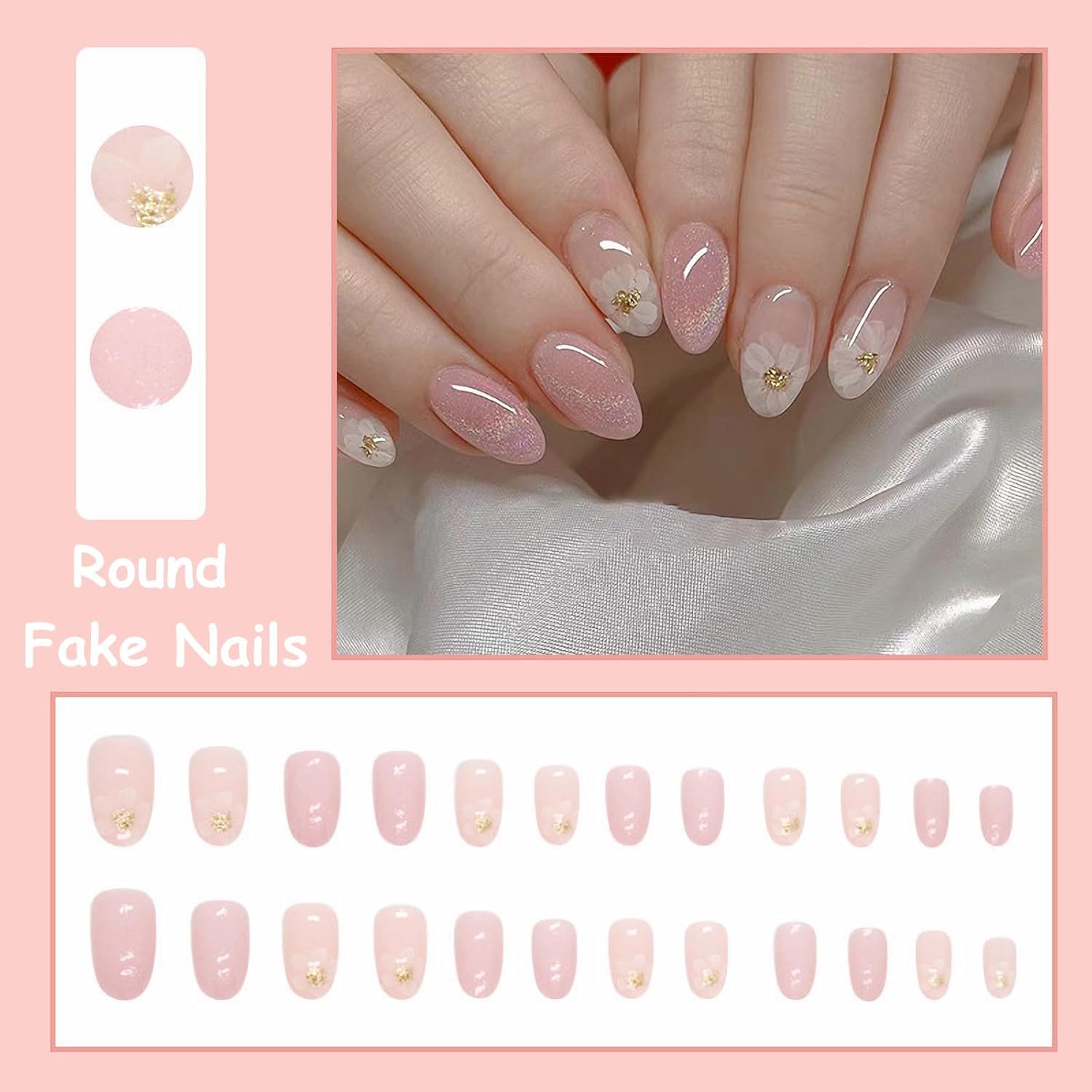 Kriga 24 Reusable Artificial Fake Nail Set| Pink Color With White Color Flower Design Almond Shape Glossy Nails| Lightweight & Long Lasting| Quick Fix For Festivals & Special Occasions